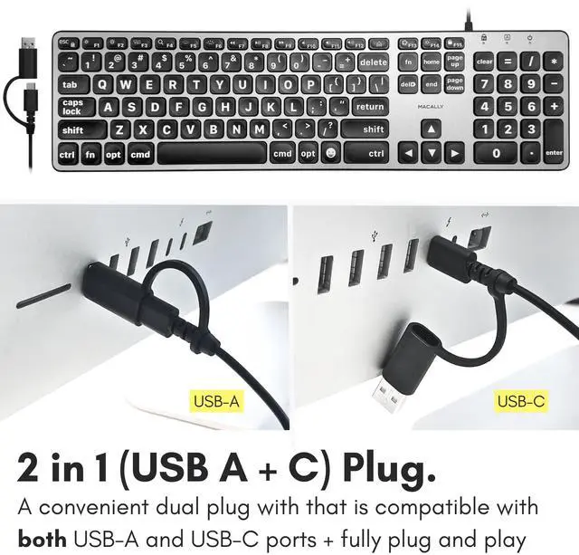 Alt view image 4 of 7 - Wired Keyboard for Mac (USB C + A) - Large Print and Backlit for Apple - 107 Key Full Size Large Letters USB C Keyboard for MacBook Pro/Air, Mac mini, iMac