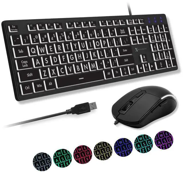 Main image of Wired Keyboard and Mouse Combo - Large Print Backlit Keyboard and Mouse for Elderly, Low Vision, Visually Impaired - 7 LED Light Up Color, Lighted Large Letters for Laptop PC Computer USB