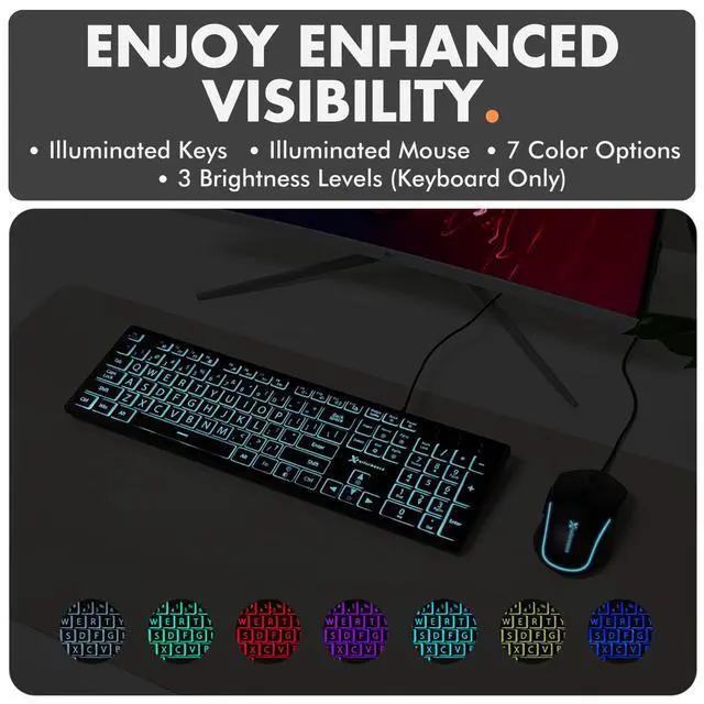 Alt view image 5 of 7 - Wired Keyboard and Mouse Combo - Large Print Backlit Keyboard and Mouse for Elderly, Low Vision, Visually Impaired - 7 LED Light Up Color, Lighted Large Letters for Laptop PC Computer USB