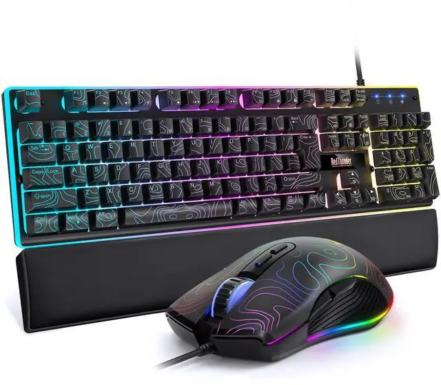 Main image of K10 Wired Gaming Keyboard & Mouse Combo with Wrist Rest, Adjustable RGB Mechanical Feel Anti-ghosting Keyboard + 7D 7200 DPI Mouse+Soft Leather Wrist Rest for PC Gamers (Black Lines)