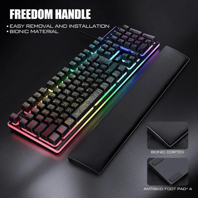 Alt view image 4 of 7 - K10 Wired Gaming Keyboard & Mouse Combo with Wrist Rest, Adjustable RGB Mechanical Feel Anti-ghosting Keyboard + 7D 7200 DPI Mouse+Soft Leather Wrist Rest for PC Gamers (Black Lines)