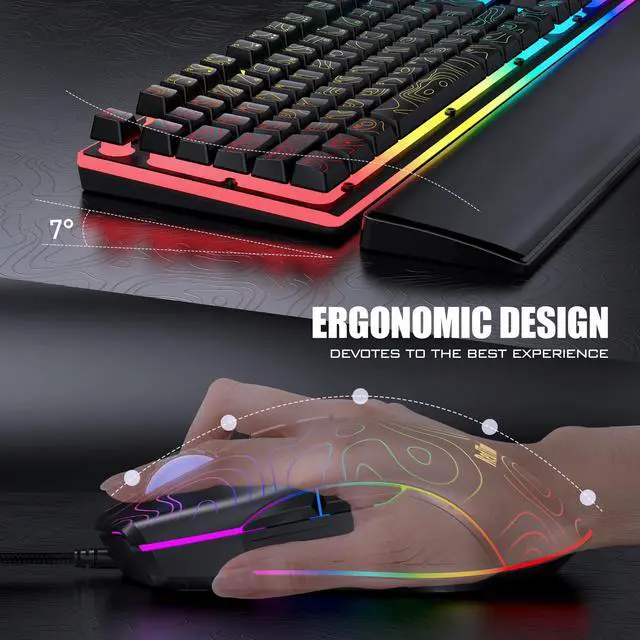 Alt view image 5 of 7 - K10 Wired Gaming Keyboard & Mouse Combo with Wrist Rest, Adjustable RGB Mechanical Feel Anti-ghosting Keyboard + 7D 7200 DPI Mouse+Soft Leather Wrist Rest for PC Gamers (Black Lines)