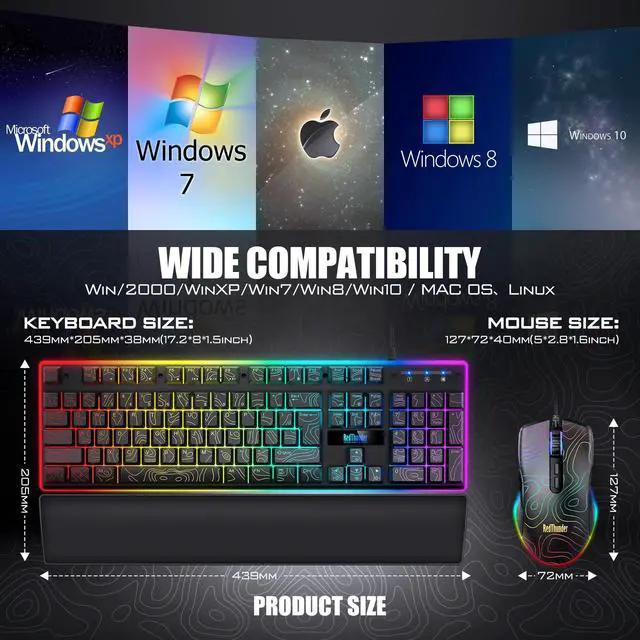 Alt view image 7 of 7 - K10 Wired Gaming Keyboard & Mouse Combo with Wrist Rest, Adjustable RGB Mechanical Feel Anti-ghosting Keyboard + 7D 7200 DPI Mouse+Soft Leather Wrist Rest for PC Gamers (Black Lines)