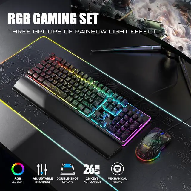 Alt view image 2 of 7 - K10 Wired Gaming Keyboard & Mouse Combo with Wrist Rest, Adjustable RGB Mechanical Feel Anti-ghosting Keyboard + 7D 7200 DPI Mouse+Soft Leather Wrist Rest for PC Gamers (Black Lines)