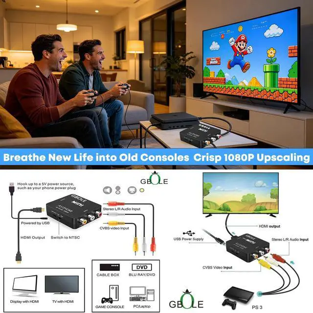 Alt view image 5 of 7 - RCA to HDMI AV to HDMI Converter 1080P Mini RCA Composite CVBS AV to HDMI Video Audio Converter Adapter Supporting PAL NTSC with USB Charge Cable for PC Laptop Xbox PS4 PS3 VHS VCR DVD TV STB