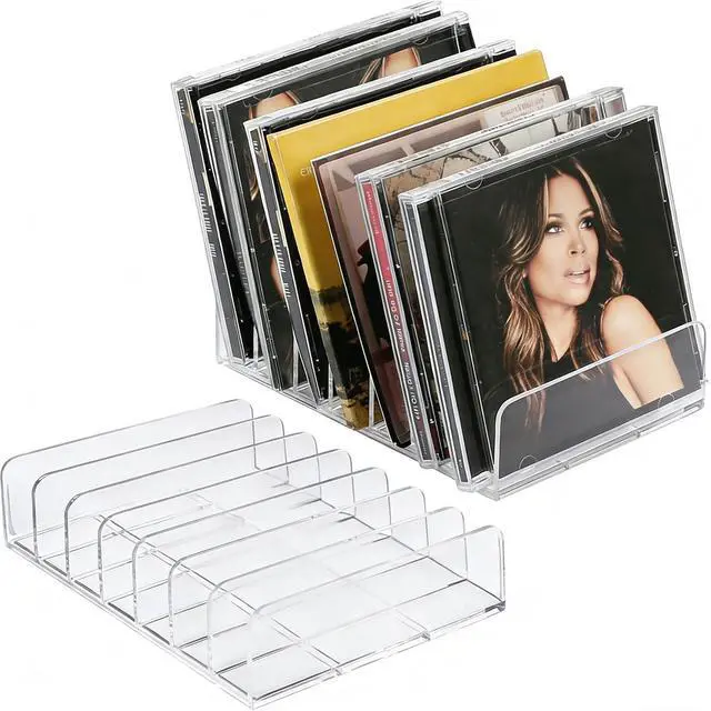 Main image of 2 Pack Clear Acrylic CD Holder: CD Organizer & DVD/CD Display Rack Tower - Vinyl Record Storage Holds up to 14 Standard CD Cases for Media Shelf Storage and Organizer