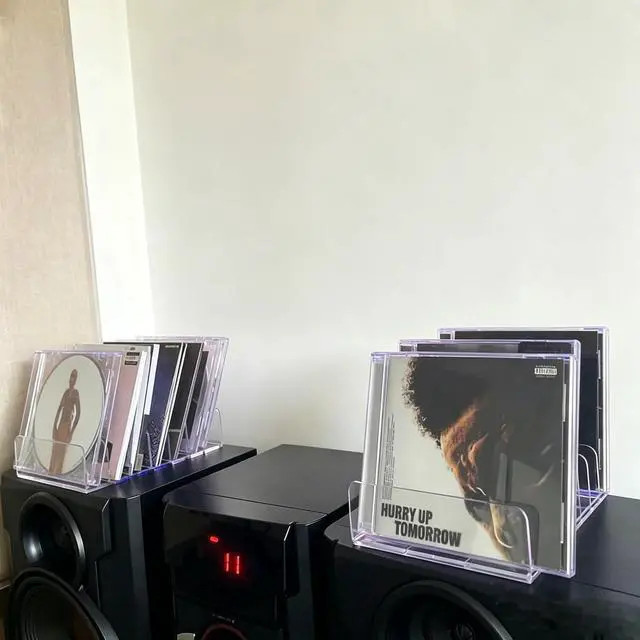 Alt view image 4 of 7 - 2 Pack Clear Acrylic CD Holder: CD Organizer & DVD/CD Display Rack Tower - Vinyl Record Storage Holds up to 14 Standard CD Cases for Media Shelf Storage and Organizer