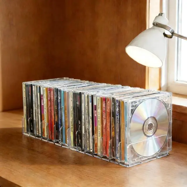 Alt view image 5 of 7 - 2 Pack Clear Acrylic CD Holder: CD Organizer & DVD/CD Display Rack Tower - Vinyl Record Storage Holds up to 14 Standard CD Cases for Media Shelf Storage and Organizer
