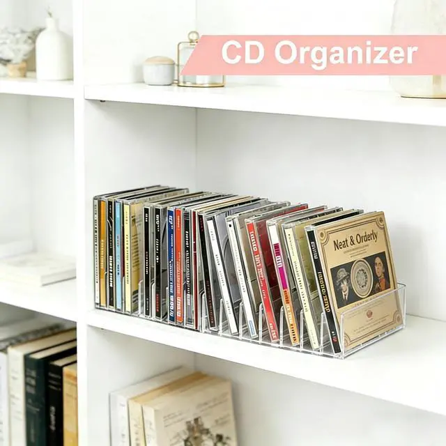 Alt view image 6 of 7 - 2 Pack Clear Acrylic CD Holder: CD Organizer & DVD/CD Display Rack Tower - Vinyl Record Storage Holds up to 14 Standard CD Cases for Media Shelf Storage and Organizer