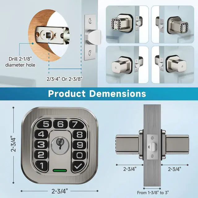 Alt view image 5 of 7 - Fingerprint Door knob, Smart Biometric Door Lock with Keypad, Keyless Entry Code Door Knob, Waterproof & Weatherproof , Auto Lock ,Voice Navigation, For Bedroom, Gate,Office -Satin Nickel
