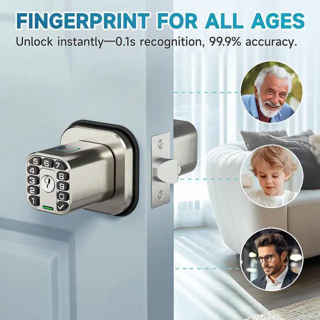 Alt view image 3 of 7 - Fingerprint Door knob, Smart Biometric Door Lock with Keypad, Keyless Entry Code Door Knob, Waterproof & Weatherproof , Auto Lock ,Voice Navigation, For Bedroom, Gate,Office -Satin Nickel