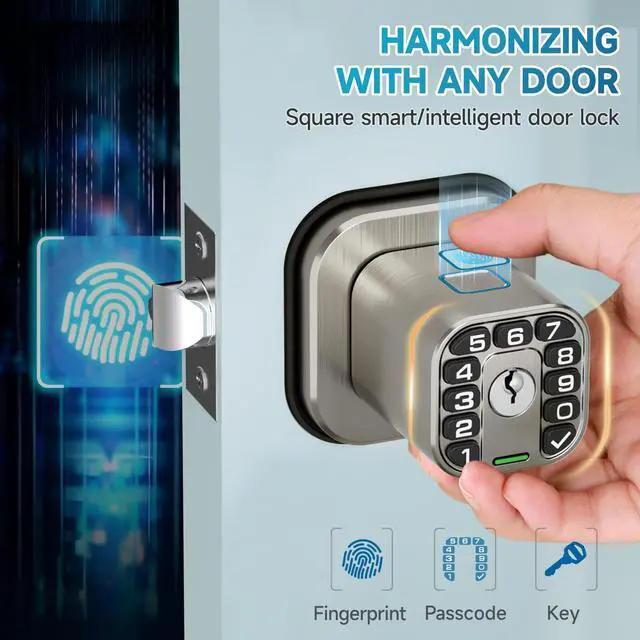 Alt view image 2 of 7 - Fingerprint Door knob, Smart Biometric Door Lock with Keypad, Keyless Entry Code Door Knob, Waterproof & Weatherproof , Auto Lock ,Voice Navigation, For Bedroom, Gate,Office -Satin Nickel