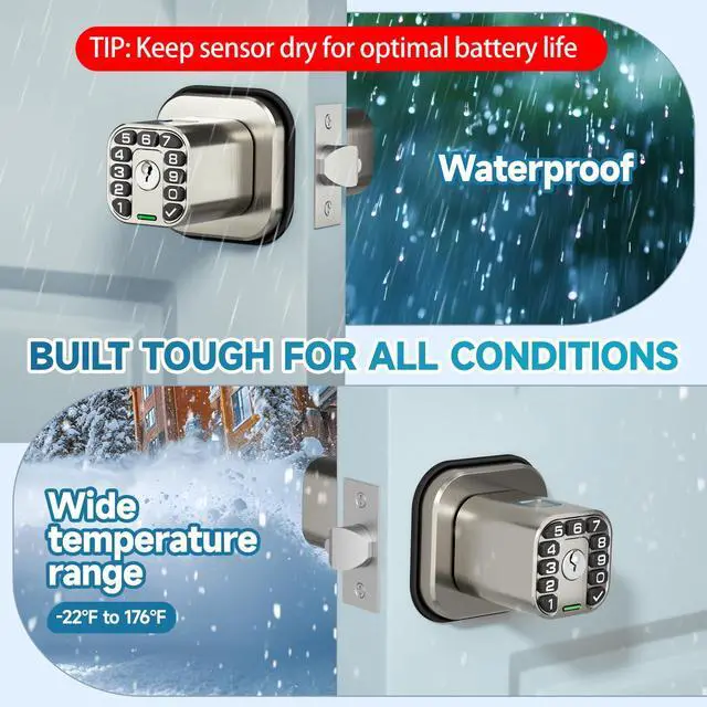 Alt view image 4 of 7 - Fingerprint Door knob, Smart Biometric Door Lock with Keypad, Keyless Entry Code Door Knob, Waterproof & Weatherproof , Auto Lock ,Voice Navigation, For Bedroom, Gate,Office -Satin Nickel