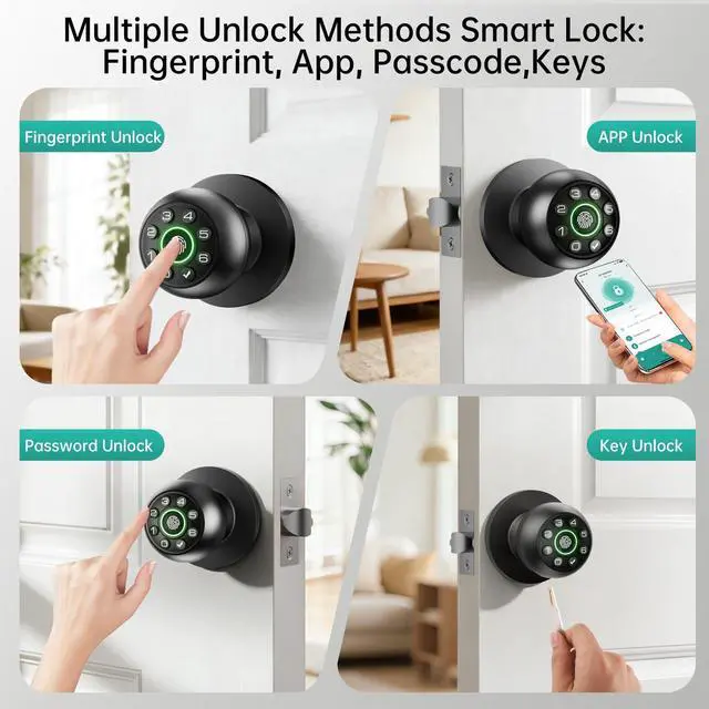 Alt view image 2 of 7 - Fingerprint Door Lock - Smart Door Knob, Biometric Door Lock with Keypad Passcode Door Handle for Bedroom Home Office (Black)