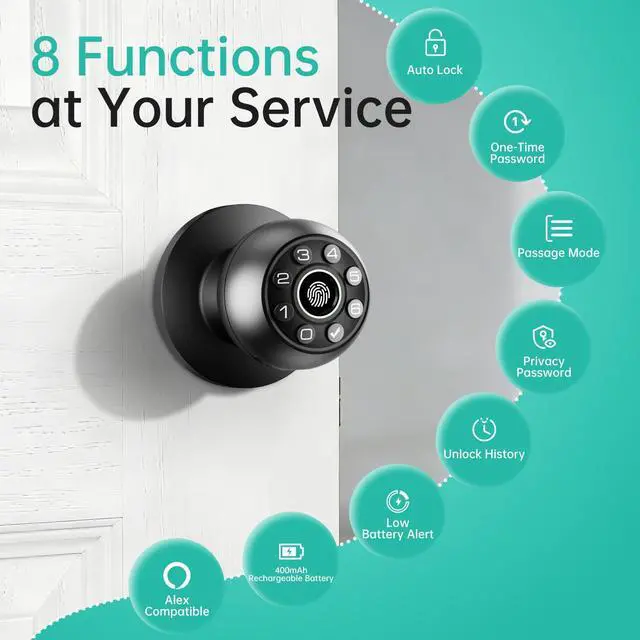 Alt view image 5 of 7 - Fingerprint Door Lock - Smart Door Knob, Biometric Door Lock with Keypad Passcode Door Handle for Bedroom Home Office (Black)