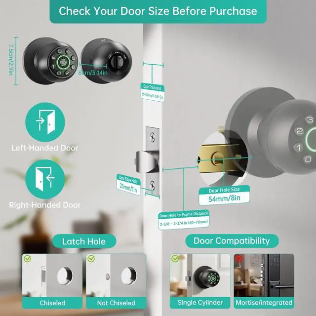 Alt view image 6 of 7 - Fingerprint Door Lock - Smart Door Knob, Biometric Door Lock with Keypad Passcode Door Handle for Bedroom Home Office (Black)