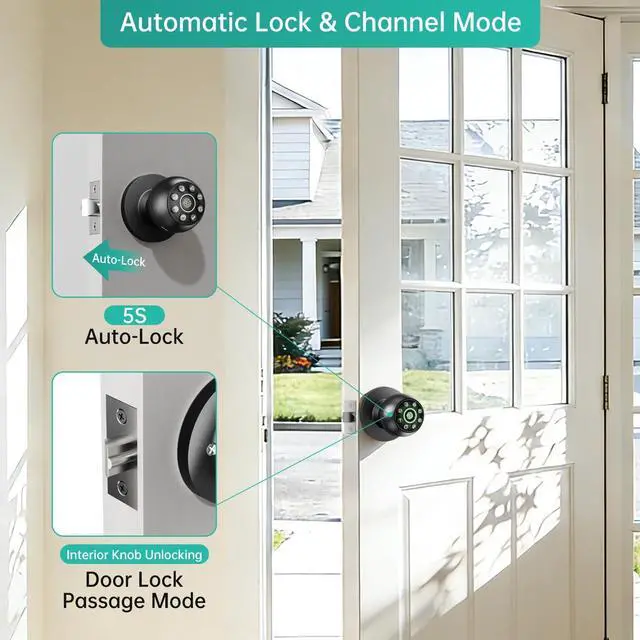 Alt view image 7 of 7 - Fingerprint Door Lock - Smart Door Knob, Biometric Door Lock with Keypad Passcode Door Handle for Bedroom Home Office (Black)