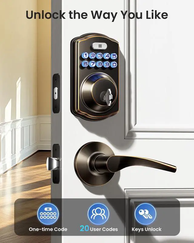 Alt view image 2 of 7 - Keyless Entry Door Lock with 2 Lever Handles - Electronic Keypad Deadbolt, Easy Installation Digital Smart Front Door Lock Set, Oil Rubbed Bronze