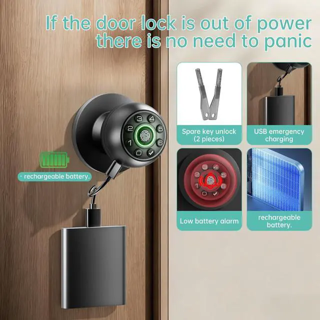 Alt view image 4 of 7 - Fingerprint Door Lock - Smart Door Knob, Biometric Door Lock with Keypad Passcode Door Handle for Bedroom Home Office (Black)