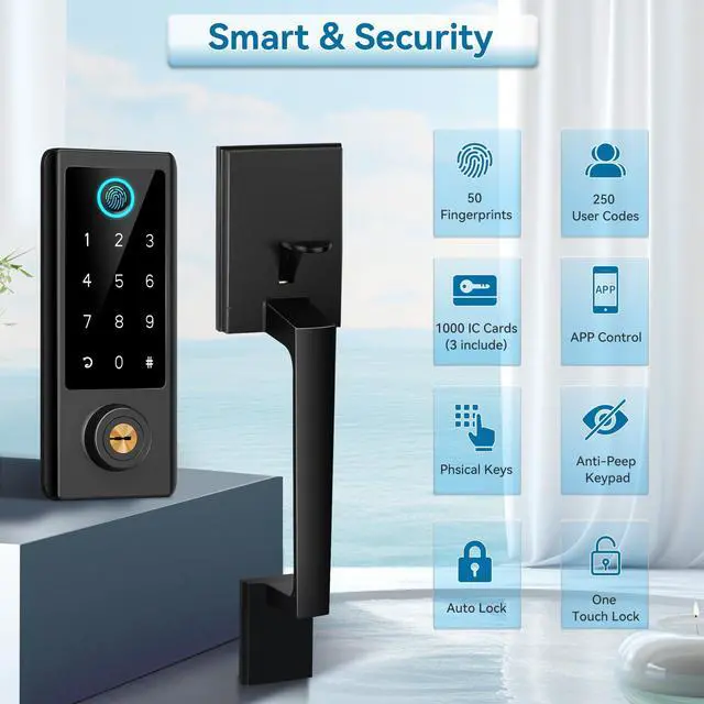 Alt view image 2 of 7 - Fingerprint Door Lock with Handle Sets, Keyless Entry Door Lock, Bluetooth Front Handle Set, Smart Deadbolt, Electronic Keypad Digital Lock with Handle, Black