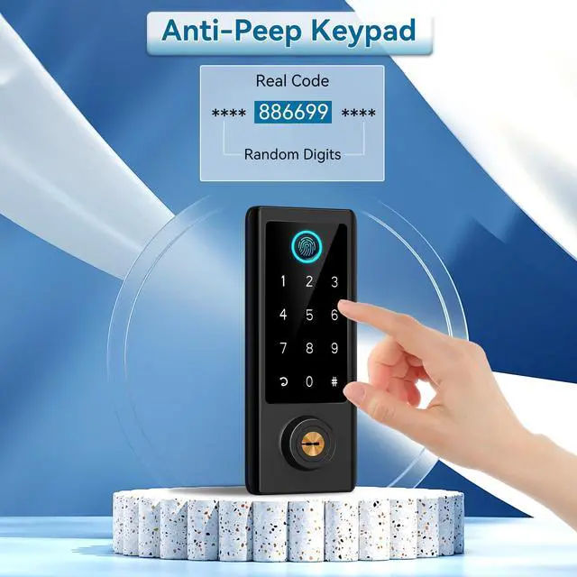 Alt view image 3 of 7 - Fingerprint Door Lock with Handle Sets, Keyless Entry Door Lock, Bluetooth Front Handle Set, Smart Deadbolt, Electronic Keypad Digital Lock with Handle, Black