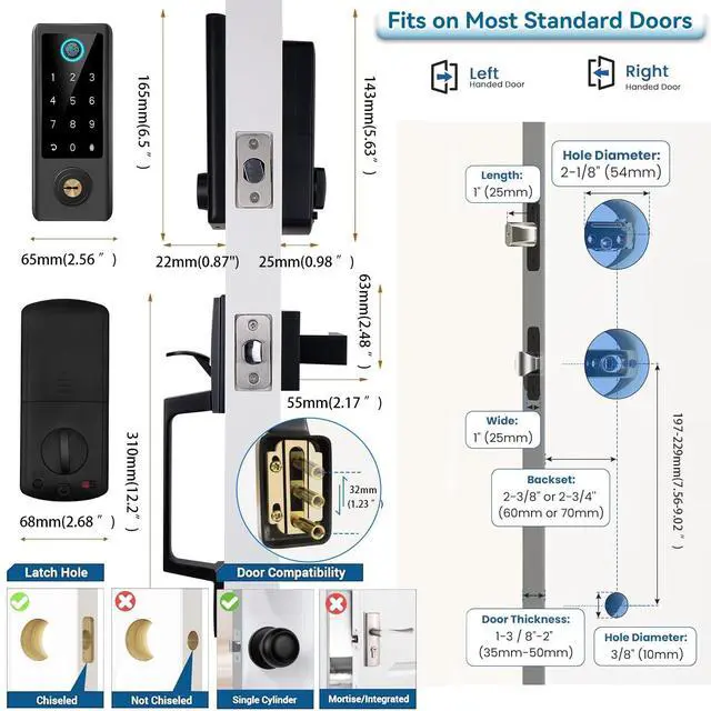 Alt view image 5 of 7 - Fingerprint Door Lock with Handle Sets, Keyless Entry Door Lock, Bluetooth Front Handle Set, Smart Deadbolt, Electronic Keypad Digital Lock with Handle, Black