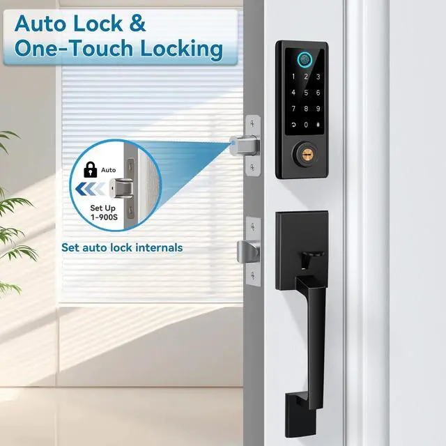 Alt view image 4 of 7 - Fingerprint Door Lock with Handle Sets, Keyless Entry Door Lock, Bluetooth Front Handle Set, Smart Deadbolt, Electronic Keypad Digital Lock with Handle, Black