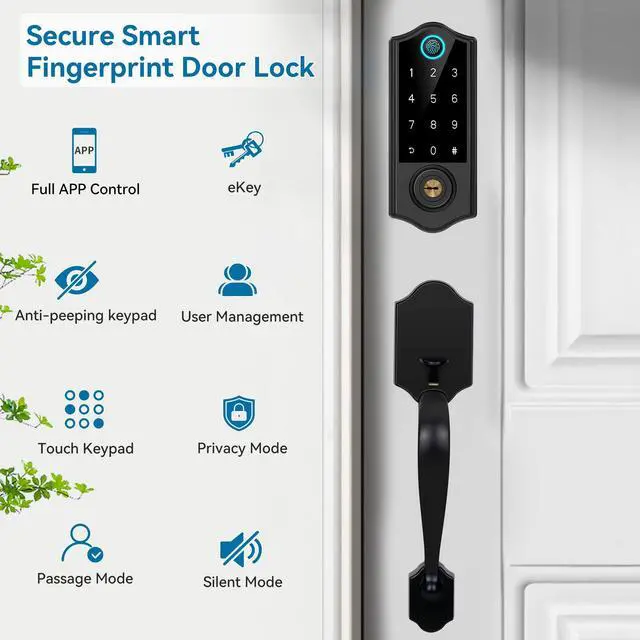 Alt view image 2 of 7 - Fingerprint Smart Door Lock for Front Door with Handle Set, App Control, Keyless Entry Keyless Deadbolt, Digital Electronic Touchscreen Keypad, Auto Lock, Easy to Install, Black
