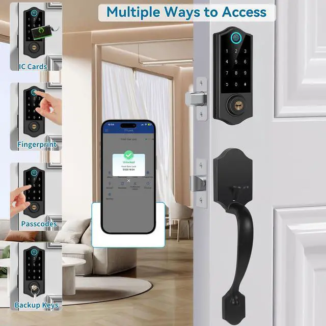 Alt view image 3 of 7 - Fingerprint Smart Door Lock for Front Door with Handle Set, App Control, Keyless Entry Keyless Deadbolt, Digital Electronic Touchscreen Keypad, Auto Lock, Easy to Install, Black