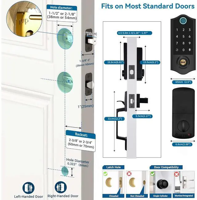 Alt view image 7 of 7 - Fingerprint Smart Door Lock for Front Door with Handle Set, App Control, Keyless Entry Keyless Deadbolt, Digital Electronic Touchscreen Keypad, Auto Lock, Easy to Install, Black