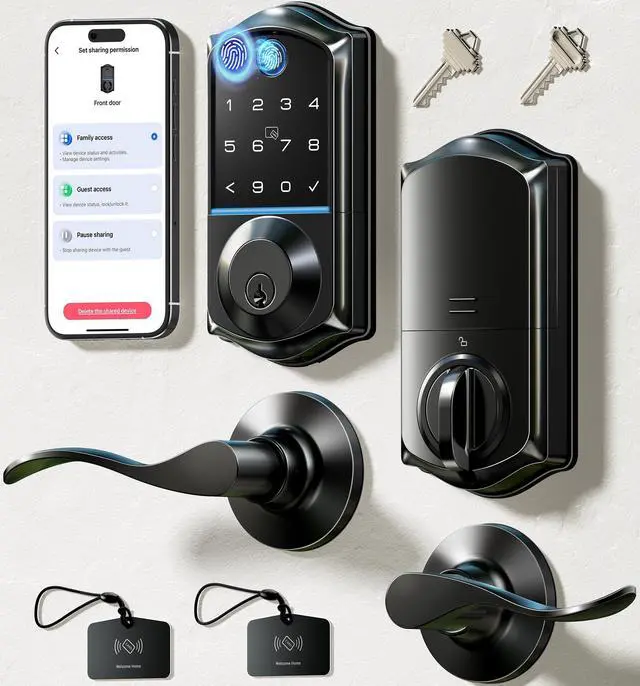 Main image of VE017-L Fingerprint Smart Lock with Lever Handles, App Control, Keyless Entry Front Door Lock Set, Electronic Digital Keypad Deadbolt, Remote Grant, Emergency Power Port, Auto Lock, Matte Black