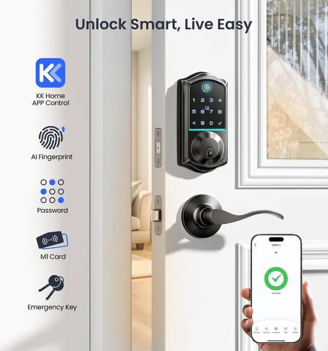 Alt view image 2 of 7 - VE017-L Fingerprint Smart Lock with Lever Handles, App Control, Keyless Entry Front Door Lock Set, Electronic Digital Keypad Deadbolt, Remote Grant, Emergency Power Port, Auto Lock, Matte Black