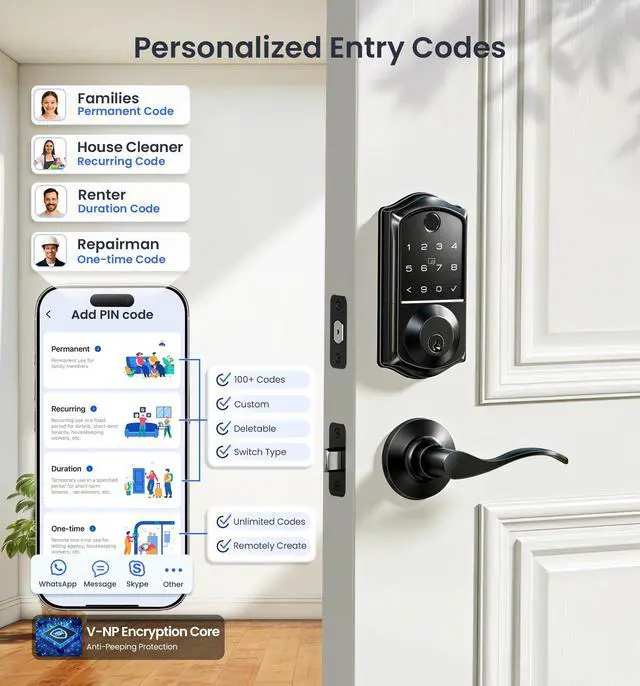 Alt view image 3 of 7 - VE017-L Fingerprint Smart Lock with Lever Handles, App Control, Keyless Entry Front Door Lock Set, Electronic Digital Keypad Deadbolt, Remote Grant, Emergency Power Port, Auto Lock, Matte Black