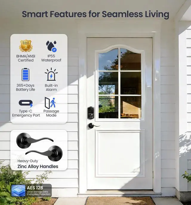 Alt view image 5 of 7 - VE017-L Fingerprint Smart Lock with Lever Handles, App Control, Keyless Entry Front Door Lock Set, Electronic Digital Keypad Deadbolt, Remote Grant, Emergency Power Port, Auto Lock, Matte Black