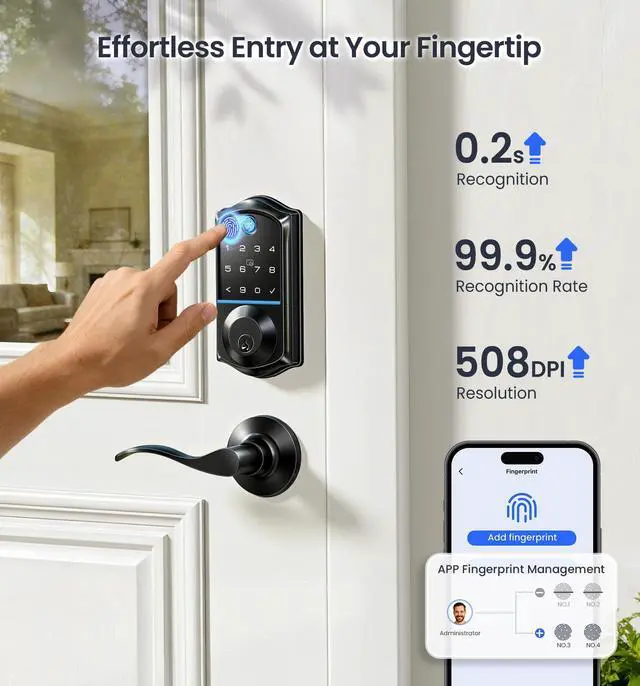 Alt view image 6 of 7 - VE017-L Fingerprint Smart Lock with Lever Handles, App Control, Keyless Entry Front Door Lock Set, Electronic Digital Keypad Deadbolt, Remote Grant, Emergency Power Port, Auto Lock, Matte Black