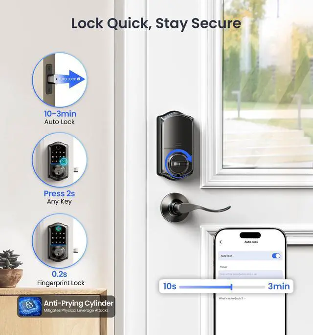 Alt view image 7 of 7 - VE017-L Fingerprint Smart Lock with Lever Handles, App Control, Keyless Entry Front Door Lock Set, Electronic Digital Keypad Deadbolt, Remote Grant, Emergency Power Port, Auto Lock, Matte Black