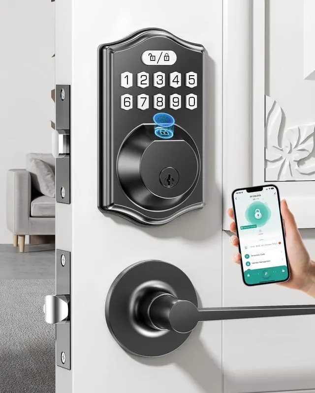 Main image of Electronic Door Lock for Family: Keyless Entry Deadbolt & Handle Set 0.3s Fingerprint & 100 Codes Weatherproof for Front Door Smart Lock with Digital Keypad Auto-Lock