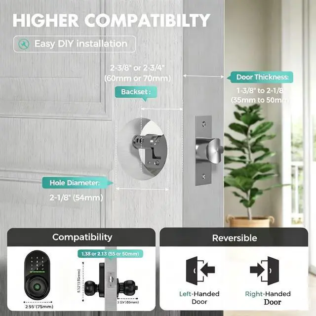 Alt view image 3 of 7 - Smart Door Knob with Keypad,5-in-1 Biometric Fingerprint Door Lock,Keyless Entry Door Lock for Bedroom Office Apartment,App Control,Auto Lock,Fits Standard Doors,Dark Black