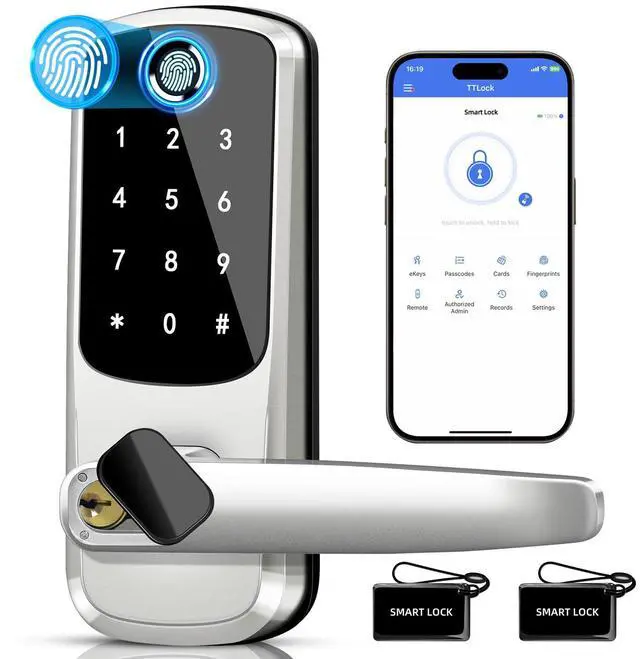 Main image of Smart Lock with Handle Set, Biometric Fingerprint Keyless Entry Deadbolt, Electronic Digital Keypad with App Control & Auto-Lock for Front Door, Home, Airbnb & Rental, Satin Nickel