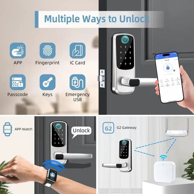 Alt view image 2 of 6 - Smart Lock with Handle Set, Biometric Fingerprint Keyless Entry Deadbolt, Electronic Digital Keypad with App Control & Auto-Lock for Front Door, Home, Airbnb & Rental, Satin Nickel