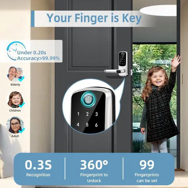 Alt view image 4 of 6 - Smart Lock with Handle Set, Biometric Fingerprint Keyless Entry Deadbolt, Electronic Digital Keypad with App Control & Auto-Lock for Front Door, Home, Airbnb & Rental, Satin Nickel