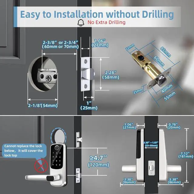 Alt view image 6 of 6 - Smart Lock with Handle Set, Biometric Fingerprint Keyless Entry Deadbolt, Electronic Digital Keypad with App Control & Auto-Lock for Front Door, Home, Airbnb & Rental, Satin Nickel