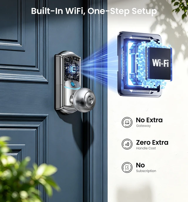 Alt view image 2 of 7 - VE028 WiFi Fingerprint Smart Door Lock with Knob Handle, Satin Nickel | Remote App, Voice Control, Fob Unlock, Electronic Touchscreen Keypad, Keyless Entry, Auto Lock, for Front Door, Bedroom