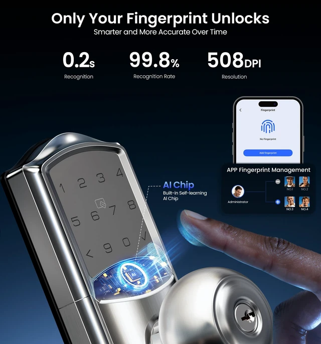 Alt view image 6 of 7 - VE028 WiFi Fingerprint Smart Door Lock with Knob Handle, Satin Nickel | Remote App, Voice Control, Fob Unlock, Electronic Touchscreen Keypad, Keyless Entry, Auto Lock, for Front Door, Bedroom