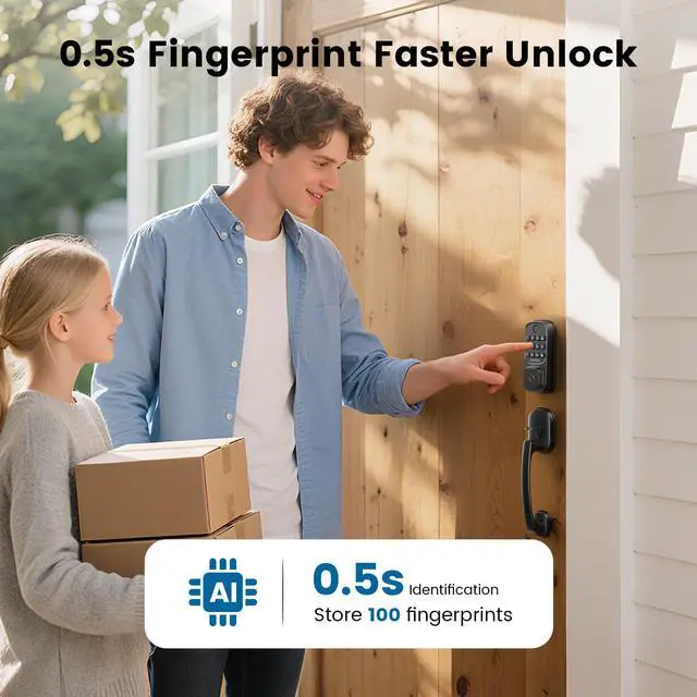 Alt view image 3 of 7 - Smart Door Lock with Handle, Keyless Entry Door Lock Deadbolt Handle Set, Built-in WiFi Deadbolt Smart Lock for Front, Fingerprint, Keypad Code, App Control, Voice Control