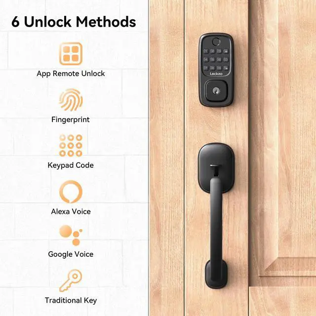 Alt view image 2 of 7 - Smart Door Lock with Handle, Keyless Entry Door Lock Deadbolt Handle Set, Built-in WiFi Deadbolt Smart Lock for Front, Fingerprint, Keypad Code, App Control, Voice Control