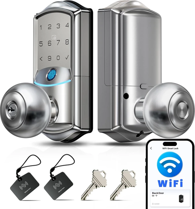 Main image of VE028 WiFi Fingerprint Smart Door Lock with Knob Handle, Satin Nickel | Remote App, Voice Control, Fob Unlock, Electronic Touchscreen Keypad, Keyless Entry, Auto Lock, for Front Door, Bedroom