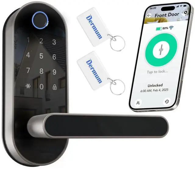 Main image of Keyless Entry Fingerprint Digital Smart Lock with Handle & Keypad: Electronic/Electric Lock with Code, App Control Biometric Deadbolt Door Knob for Front, Interior, Exterior & Bedroom Door (Silver)