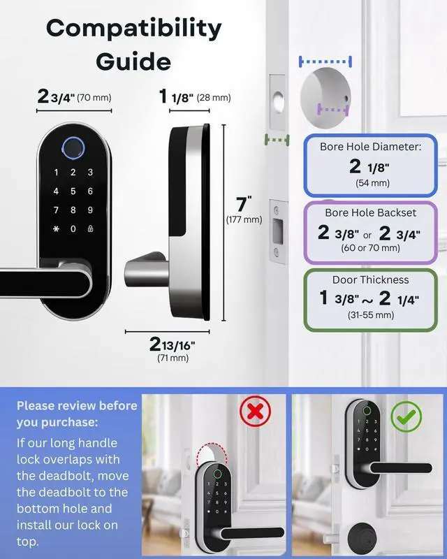 Alt view image 6 of 7 - Keyless Entry Fingerprint Digital Smart Lock with Handle & Keypad: Electronic/Electric Lock with Code, App Control Biometric Deadbolt Door Knob for Front, Interior, Exterior & Bedroom Door (Silver)