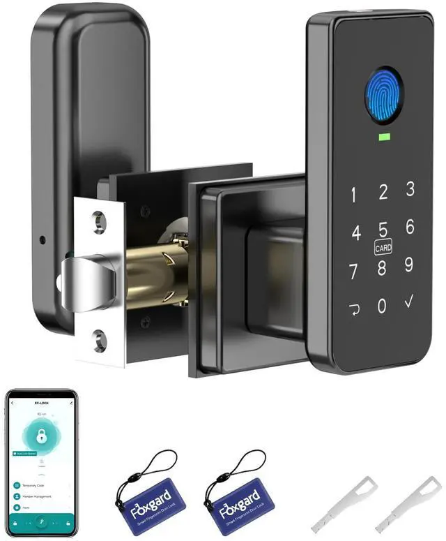 Main image of Fingerprint Door Lock 5-in-1 Biometric Smart Lock with Keypad, App Control, Key, Auto-Lock, Electronic Deadlock Keyless Entry for Bedroom, Office, Indoor Use Includes 2 IC Cards